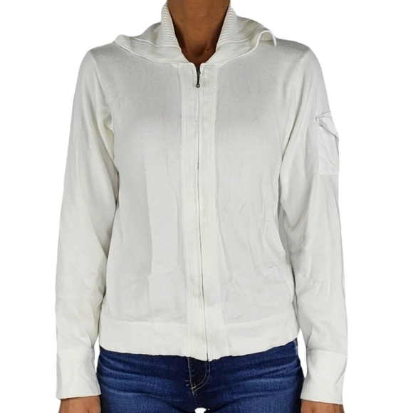 Columbia Cowl Neck Zip-Up Sweater Size Medium White Cargo Sleeve Pocket - Picture 1 of 5
